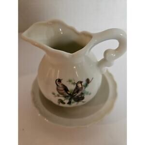 VTG Porcelain Pitcher &  Bowl, purple birds in pine tree, creamer japan cottage